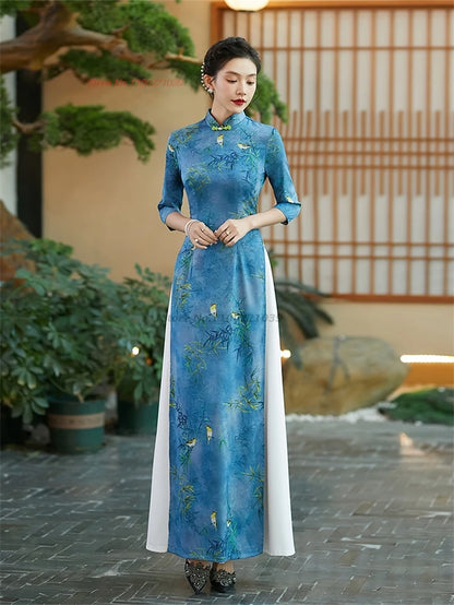 2025 Qipao inspired Áo Dài flower print banquet evening dress