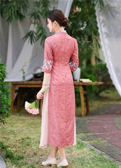2025 Vietnam traditional Áo Dài -- Cheongsam flower embroidery v-neck a-line, banquet evening dress
