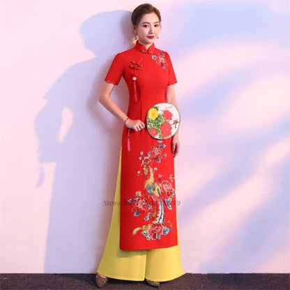 2025 Vietnam vintage Áo Dài with phoenix and flower design (dress+pants set)