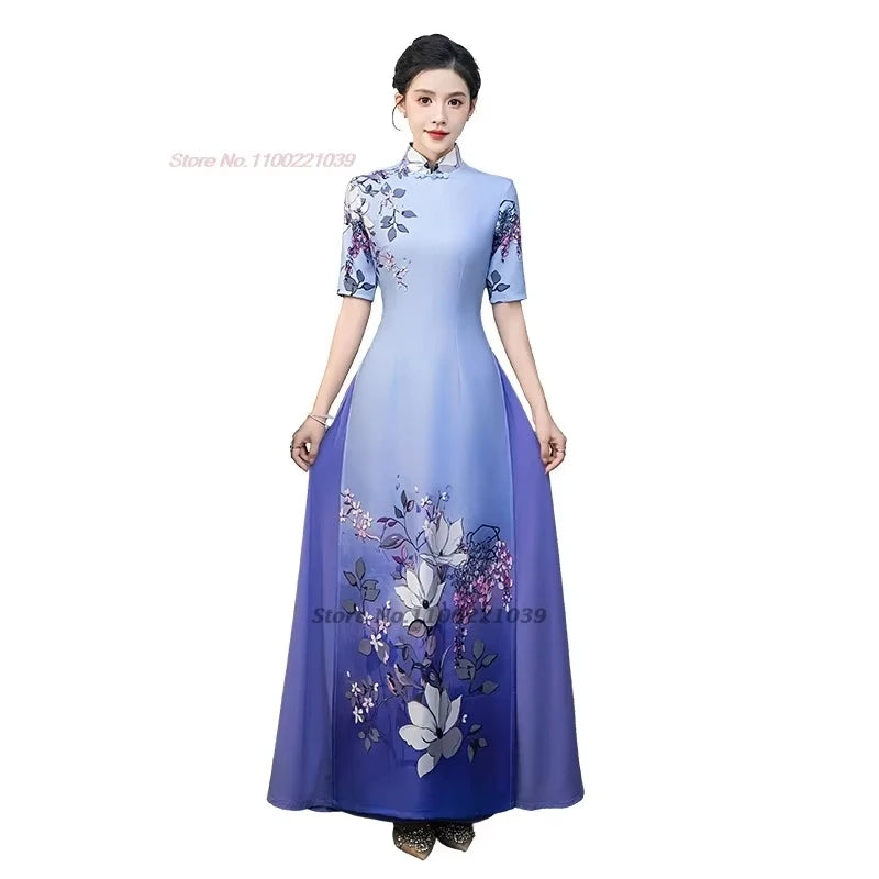 2025 Áo Dài flower print Cheongsam banquet evening dress