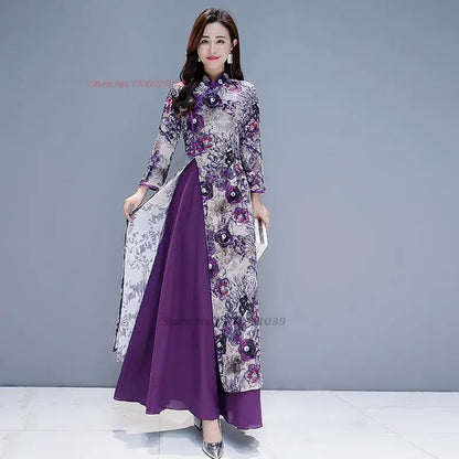 2025 Vietnam Áo Dài mixed with Chinese traditional cheongsam,  floral print banquet wedding evening dress