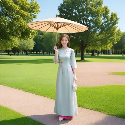 Women Aodai Vetnam Clothing Long Cheongsam Aodai Vietnamese Traditionally Dress Two-piece Wide-leg Pants Cheongsam Aodai Dress