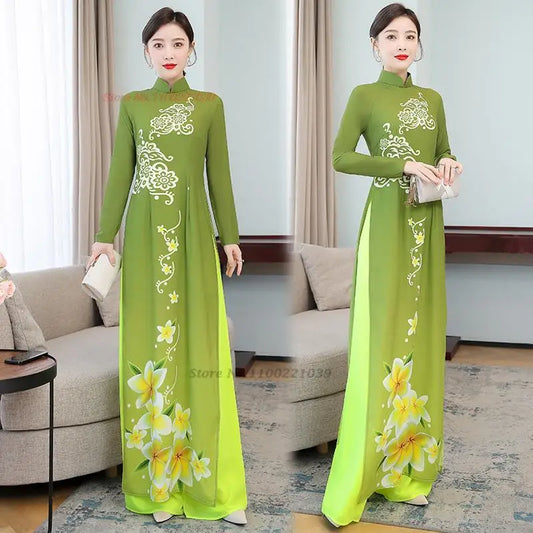 2025 Vietnam traditional Áo Dài flower print (dress+pants sets)