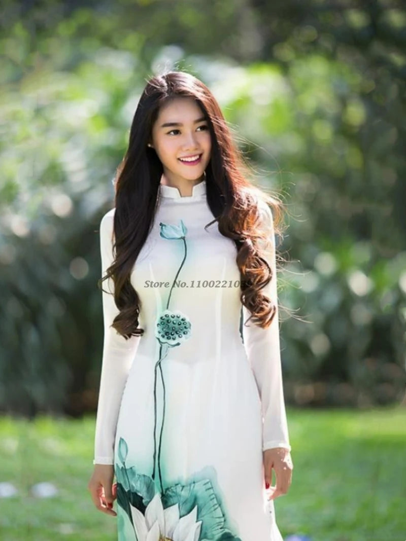 2025 Vietnam Áo Dài (dress+pants set with flower print), vintage dress elegant banquet evening wear
