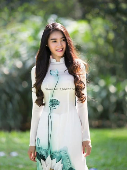 2025 Vietnam Áo Dài (dress+pants set with flower print), vintage dress elegant banquet evening wear