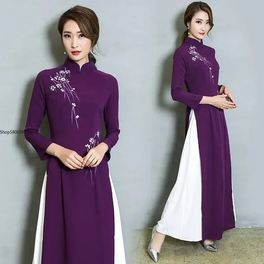 Áo Dài Elegant Chinese Style Cheongsam Vintage Floral Festival Wedding Evening Dress