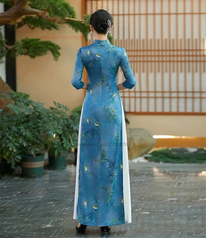 2025 Qipao inspired Áo Dài flower print banquet evening dress