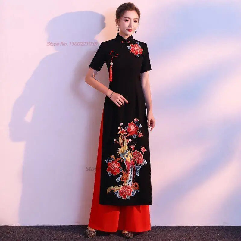 2025 Vietnam vintage Áo Dài with phoenix and flower design (dress+pants set)