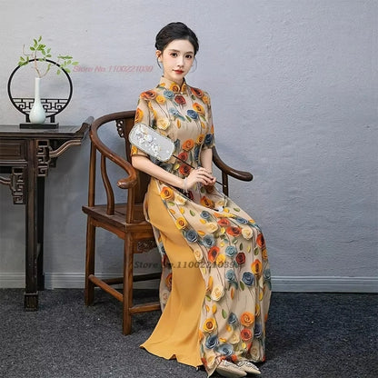 2025 Áo Dài -- Vietnam traditional dress cheongsam inspired flower print banquet evening dress