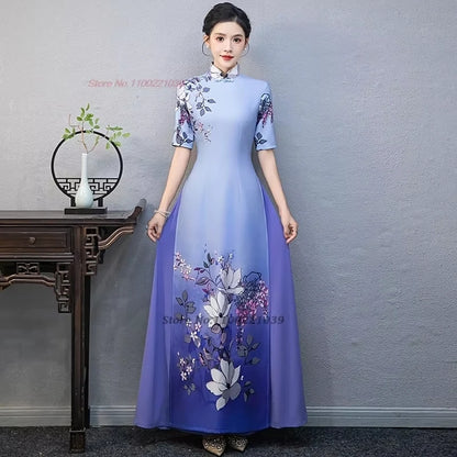2025 Áo Dài flower print Cheongsam banquet evening dress