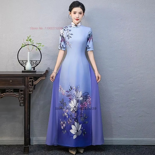 2025 Áo Dài flower print Cheongsam banquet evening dress
