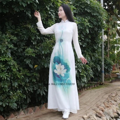 2025 Vietnam Áo Dài (dress+pants set with flower print), vintage dress elegant banquet evening wear