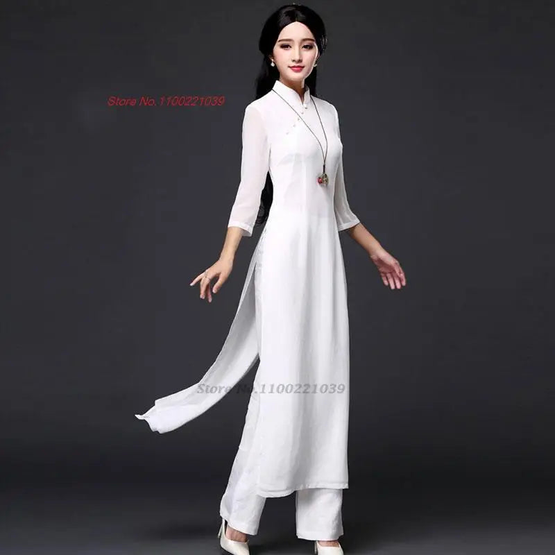 2025 Vietnam traditional folk style Áo Dài (dress+pants set), Vietnam chiffon