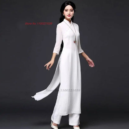 2025 Vietnam traditional folk style Áo Dài (dress+pants set), Vietnam chiffon