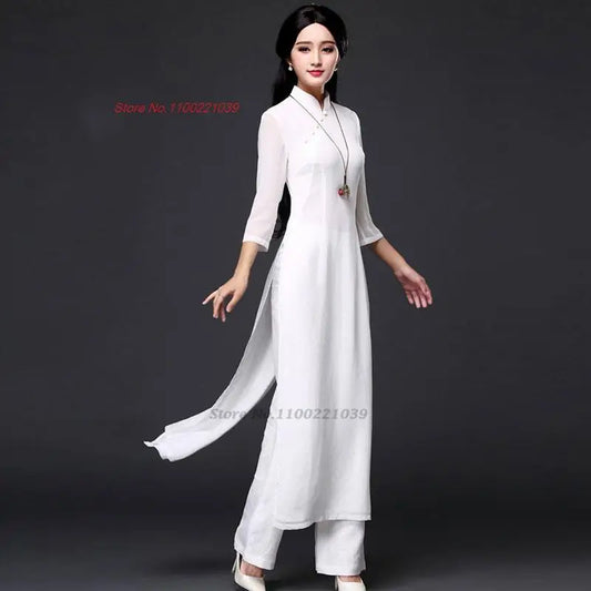 2025 Vietnam traditional folk style Áo Dài (dress+pants set), Vietnam chiffon