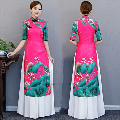 2025 Chinese improved Qipao (dress+skirt set), flower print Vietnam Áo Dài a-line