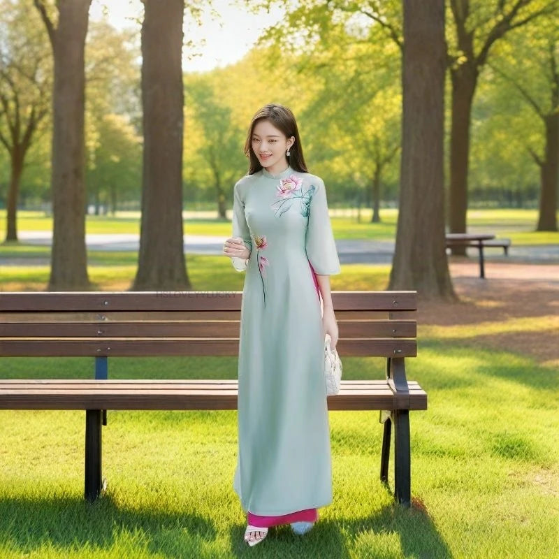 Women Aodai Vetnam Clothing Long Cheongsam Aodai Vietnamese Traditionally Dress Two-piece Wide-leg Pants Cheongsam Aodai Dress