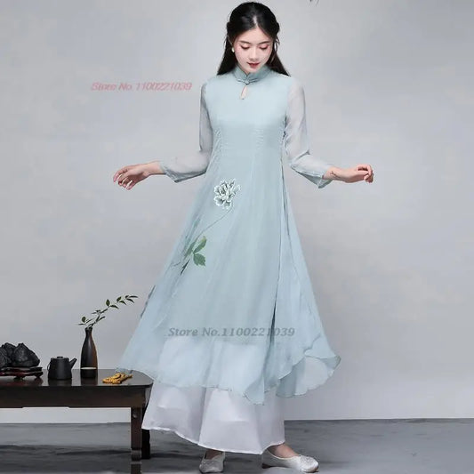 2025 Traditional Vietnam Áo Dài Cheongsam dress flower print chiffon tea service hanfu dress