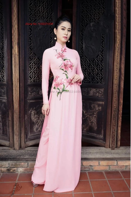 2025 Vietnam traditional Áo Dài (dress+pants set with flower design), banquet party evening dress vestido