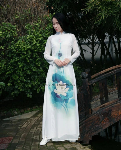 2025 Vietnam Áo Dài (dress+pants set with flower print), vintage dress elegant banquet evening wear