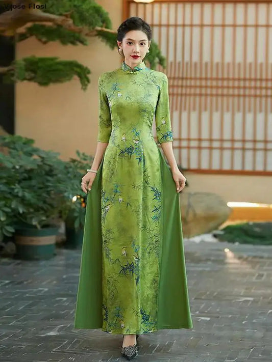 2025 Summer Casual Vintage Green Áo Dài -- Qipao style Dress Floral Print Elegant Evening Party Gown