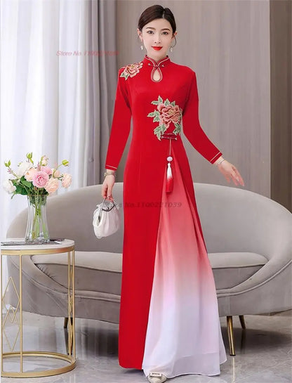 Áo Dài Qipao with flower embroidery cheongsam dress banquet evening dress