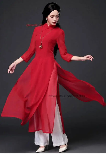 2025 Vietnam traditional folk style Áo Dài (dress+pants set), Vietnam chiffon