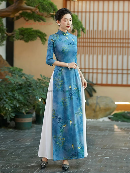 2025 Qipao inspired Áo Dài flower print banquet evening dress