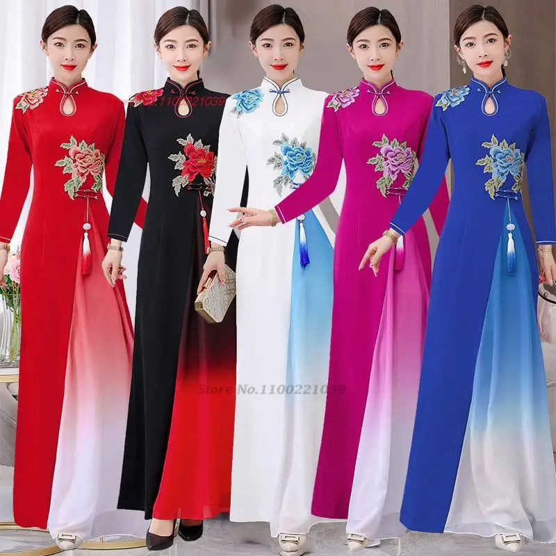 Áo Dài Qipao with flower embroidery cheongsam dress banquet evening dress