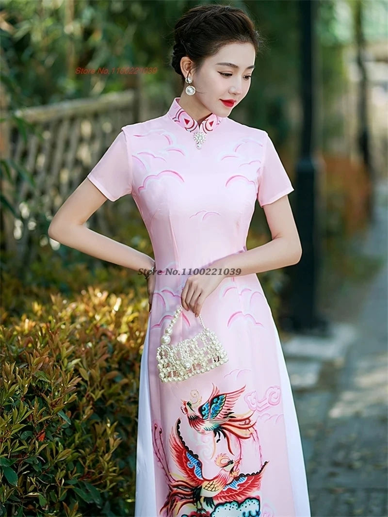 2025 Vietnam Áo Dài Qipao, phoenix print, banquet evening dress