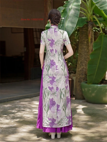 2025 Vietnam traditional Áo Dài -- flower print a-line banquet evening dress