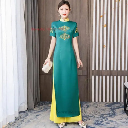 2025 Vietnam Áo Dài (dress+pants set with flower embroidery), banquet evening dress vestido