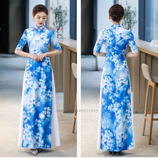 Áo Dài Vietnam Qipao inspired vintage flower print, elegant party dress, banquet evening dress