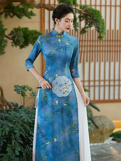 2025 Qipao inspired Áo Dài flower print banquet evening dress