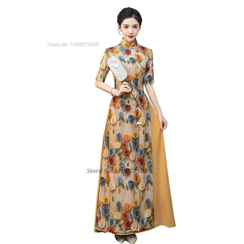 2025 Áo Dài -- Vietnam traditional dress cheongsam inspired flower print banquet evening dress