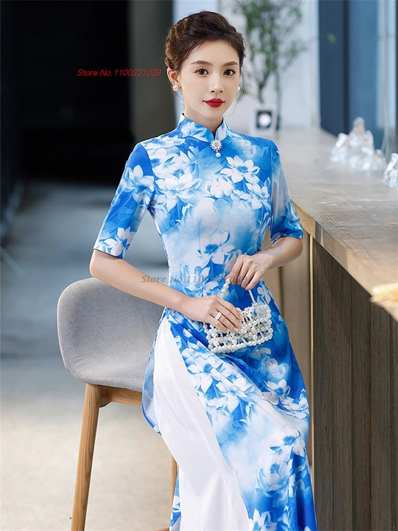 Áo Dài Vietnam Qipao inspired vintage flower print, elegant party dress, banquet evening dress