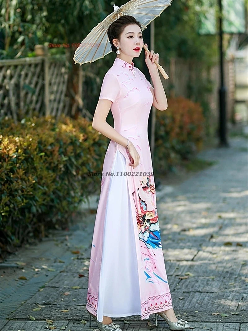 2025 Vietnam Áo Dài Qipao, phoenix print, banquet evening dress