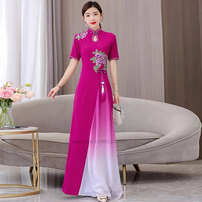 Áo Dài Qipao with flower embroidery cheongsam dress banquet evening dress