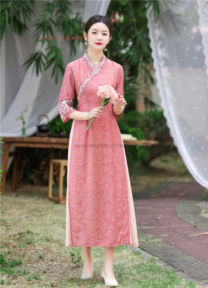 2025 Vietnam traditional Áo Dài -- Cheongsam flower embroidery v-neck a-line, banquet evening dress
