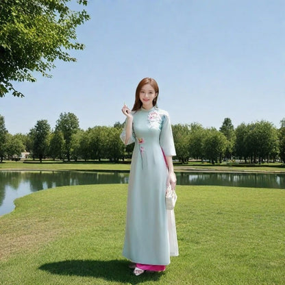 Women Aodai Vetnam Clothing Long Cheongsam Aodai Vietnamese Traditionally Dress Two-piece Wide-leg Pants Cheongsam Aodai Dress