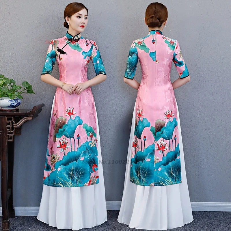 2025 Chinese improved Qipao (dress+skirt set), flower print Vietnam Áo Dài a-line