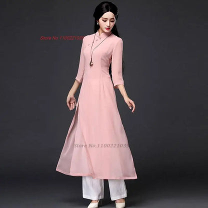 2025 Vietnam traditional folk style Áo Dài (dress+pants set), Vietnam chiffon
