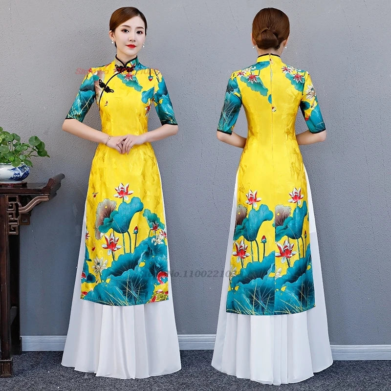 2025 Chinese improved Qipao (dress+skirt set), flower print Vietnam Áo Dài a-line