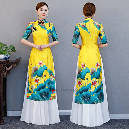 2025 Chinese improved Qipao (dress+skirt set), flower print Vietnam Áo Dài a-line