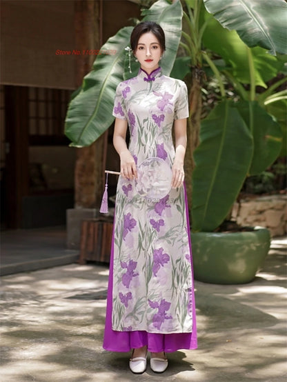 2025 Vietnam traditional Áo Dài -- flower print a-line banquet evening dress