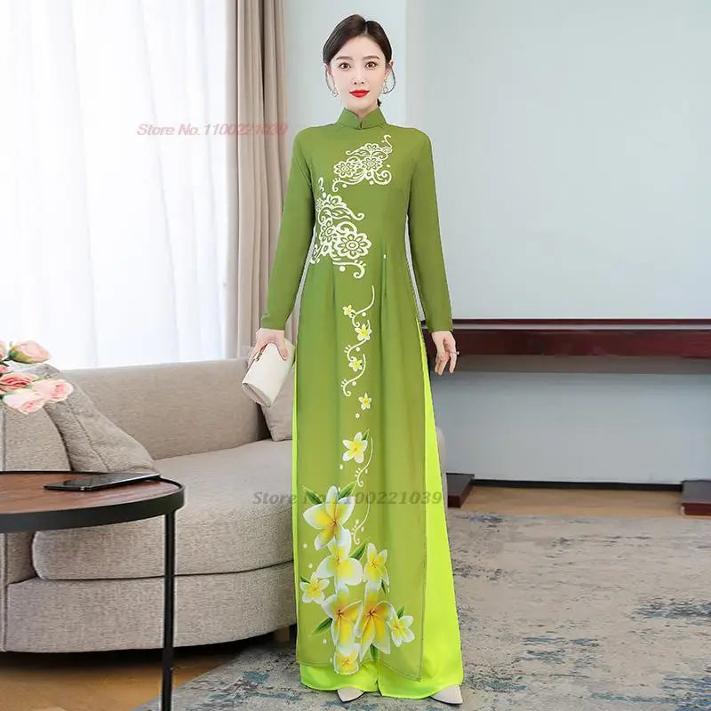 2025 Vietnam traditional Áo Dài flower print (dress+pants sets)