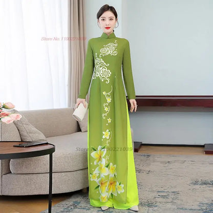 2025 Vietnam traditional Áo Dài flower print (dress+pants sets)