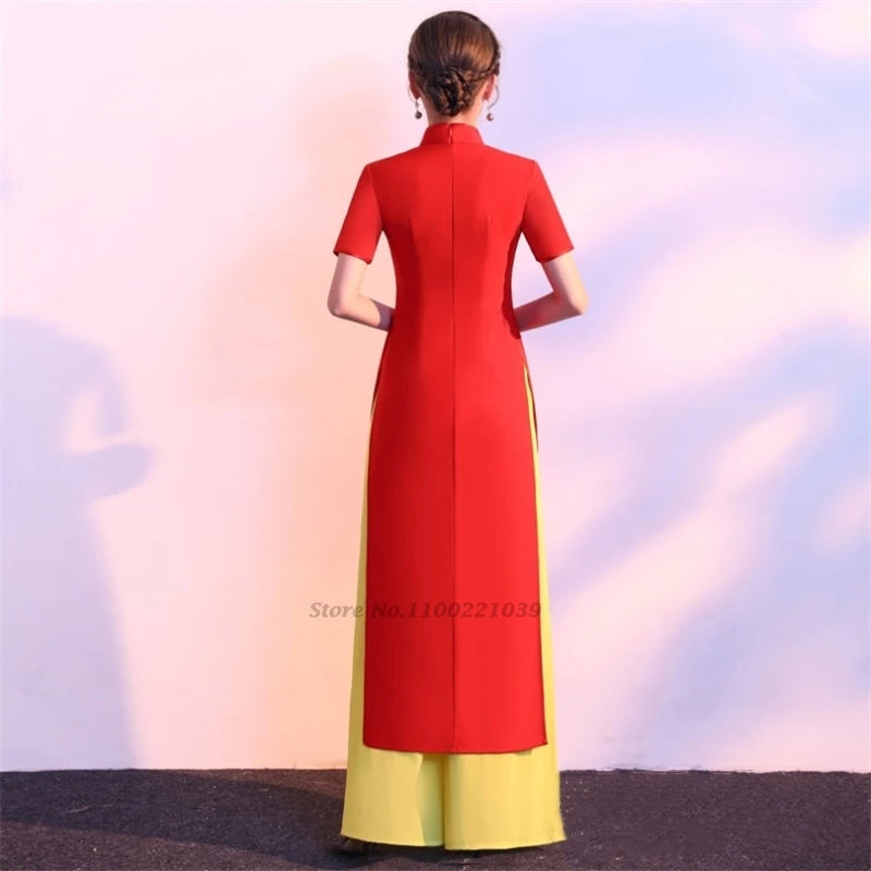 2025 Vietnam vintage Áo Dài with phoenix and flower design (dress+pants set)