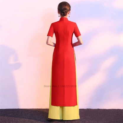 2025 Vietnam vintage Áo Dài with phoenix and flower design (dress+pants set)