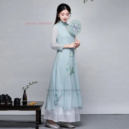 2025 Traditional Vietnam Áo Dài Cheongsam dress flower print chiffon tea service hanfu dress